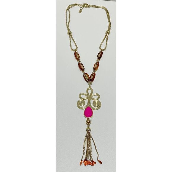 Lilly Pulitzer Boho‎ Lariat Necklace Gold Tone Chain Pink Stone Tassel Pendant - Picture 6 of 11